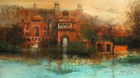 A. Q. Arif, Mirage over the River, 24 x 42 Inch, Oil on Canvas, Cityscape Painting, AC-AQ-228